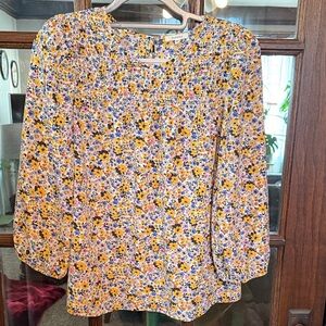 Pleione Womens Smocked Yoke Floral Blouse Yellow Blue Long Sleeve Size L‎